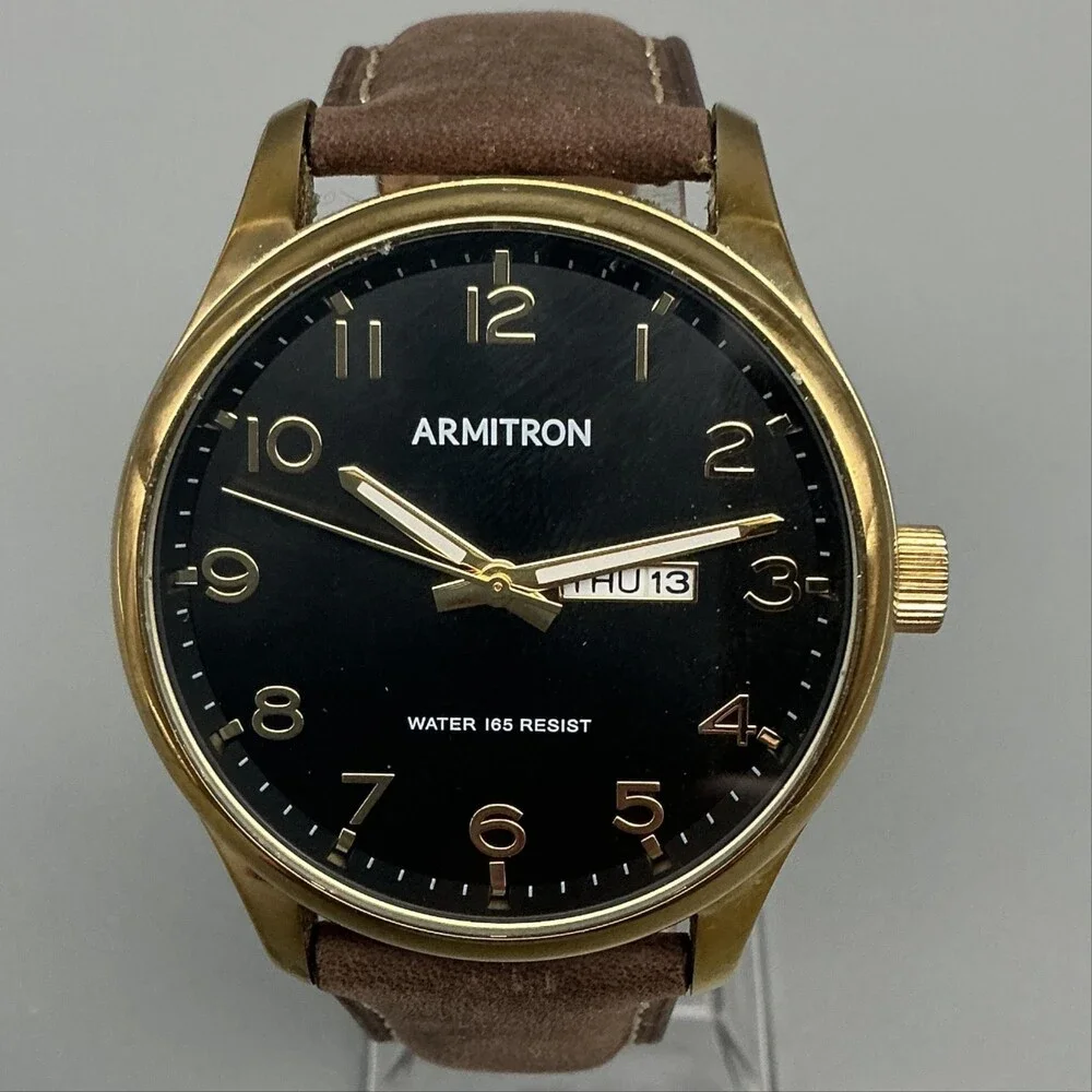 Armitron Mens Watch 42mm Black Dial Gold Tone Brown Leather Day Date New Battery